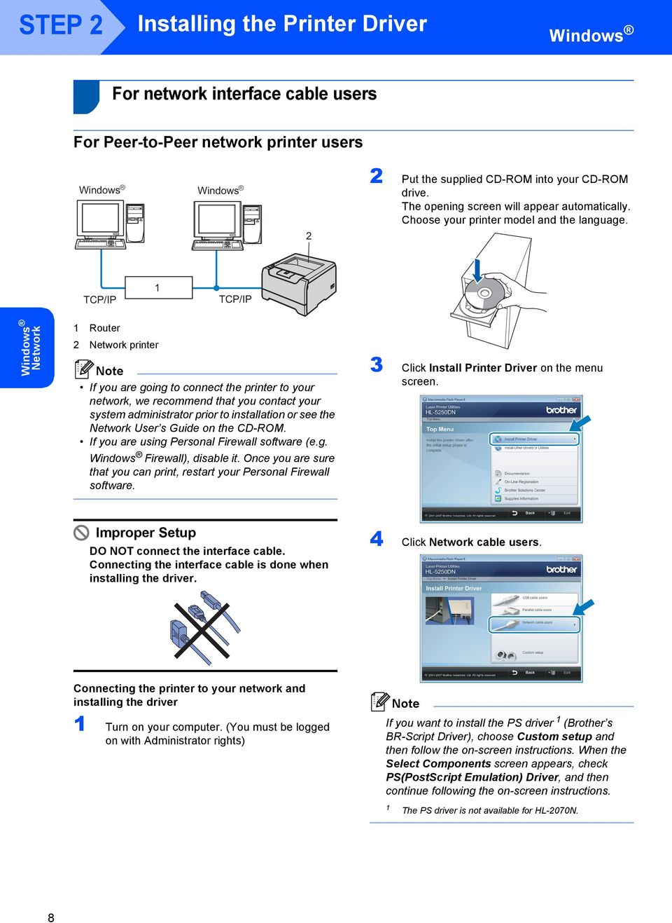 TCP/IP TCP/IP Network Router 2 Network printer If you are going to connect the printer to your network, we recommend that you contact your system administrator prior to installation or see the