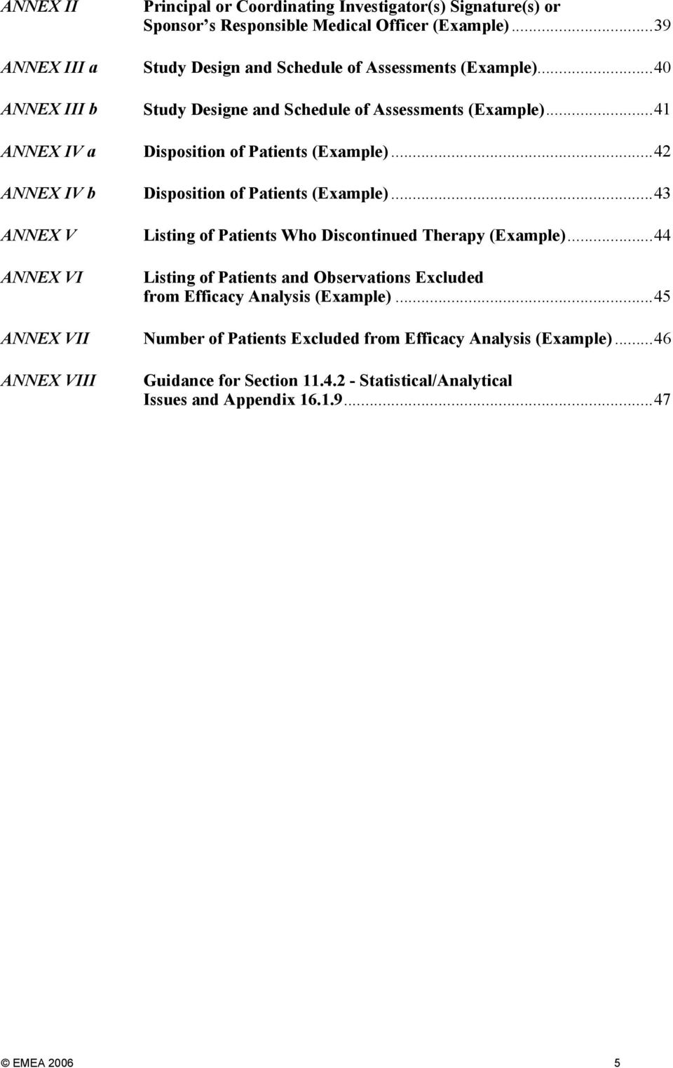 ..42 ANNEX IV b Disposition of Patients (Example)...43 ANNEX V ANNEX VI Listing of Patients Who Discontinued Therapy (Example).