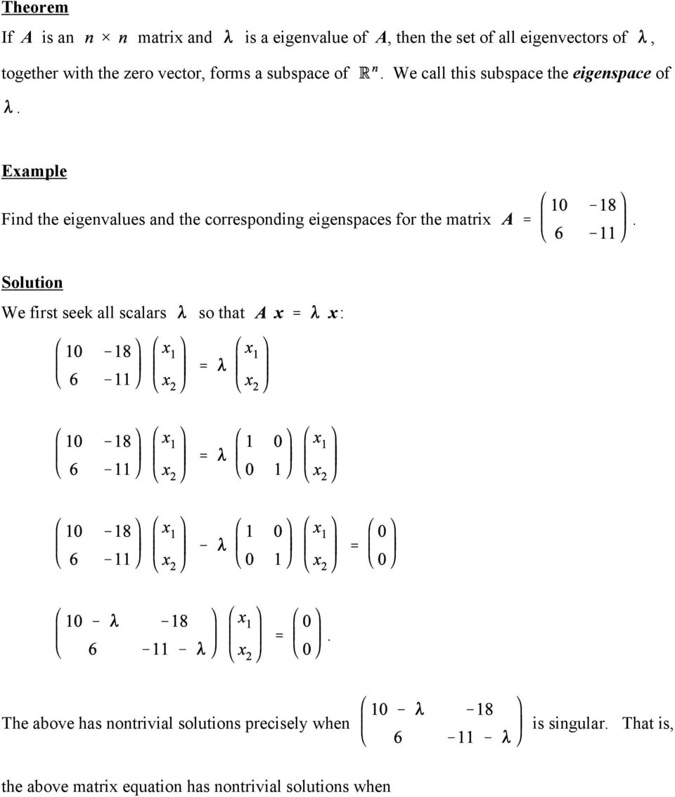the corresponding eigenspaces for the matrix Solution We first seek all scalars so that : The above has