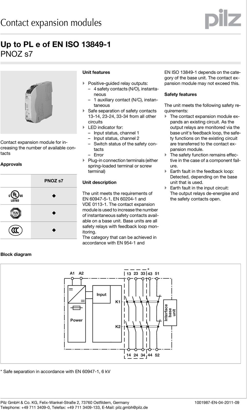 status, channel 2 Switch status of the safety contacts Error Plug-in connection terminals (either spring-loaded terminal or screw terminal) Unit description Bestimmung/Gertebeschreibung