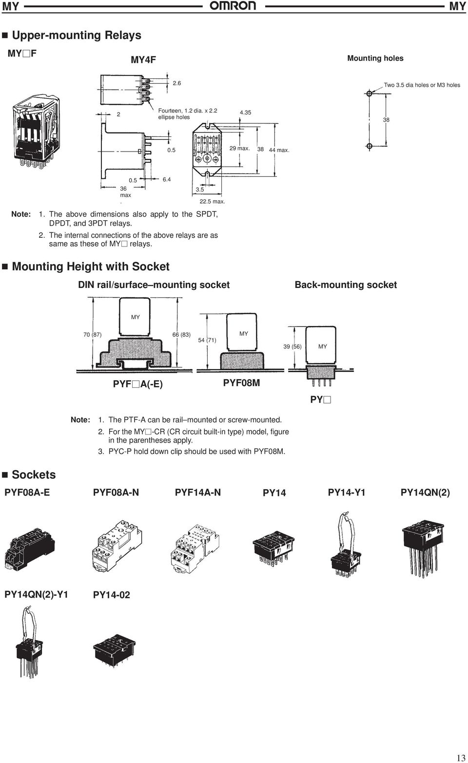 Mounting Height with Socket DIN rail/surface mounting socket Back-mounting socket 70 (87) 66 (8) 54 (71) 9 (56) PYF A(-E) PYF08M PY 1.