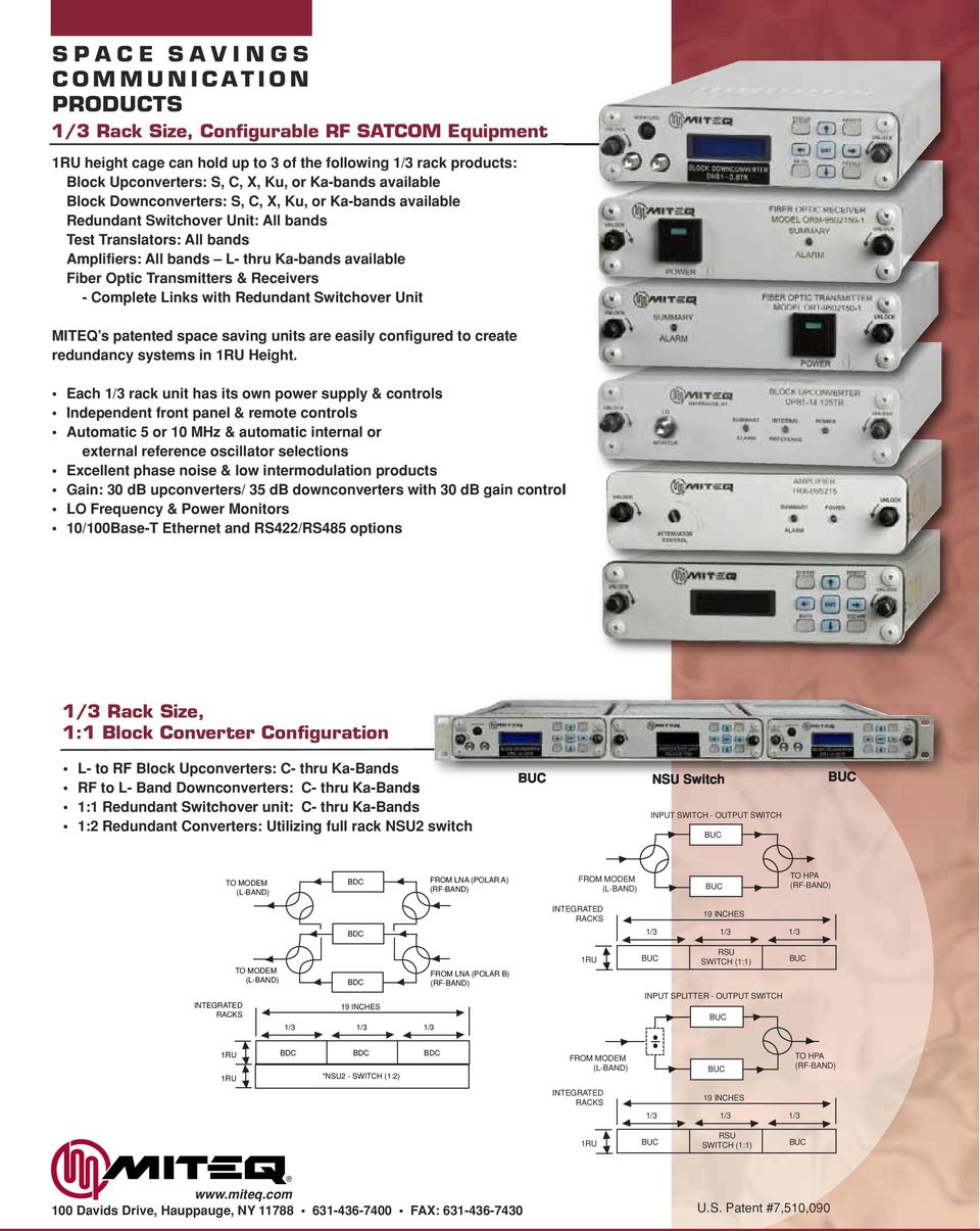 Transmitters & s - Complete Links with Redundant Switchover Unit MITEQ s patented space saving units are easily configured to create redundancy systems in RU Height.