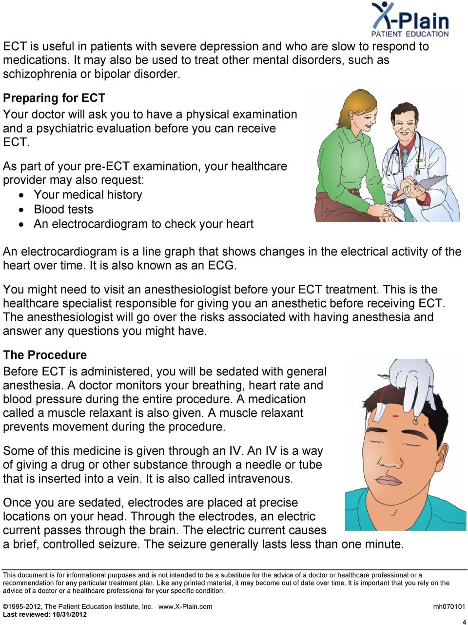 As part of your pre-ect examination, your healthcare provider may also request: Your medical history Blood tests An electrocardiogram to check your heart An electrocardiogram is a line graph that