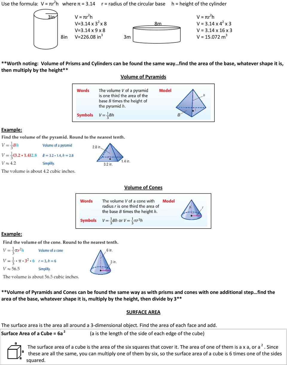072 m 3 **Worth noting: Volume of Prisms and Cylinders can be found the same way find the area of the base, whatever shape it is, then multiply by the height** Volume of Pyramids Volume of Cones