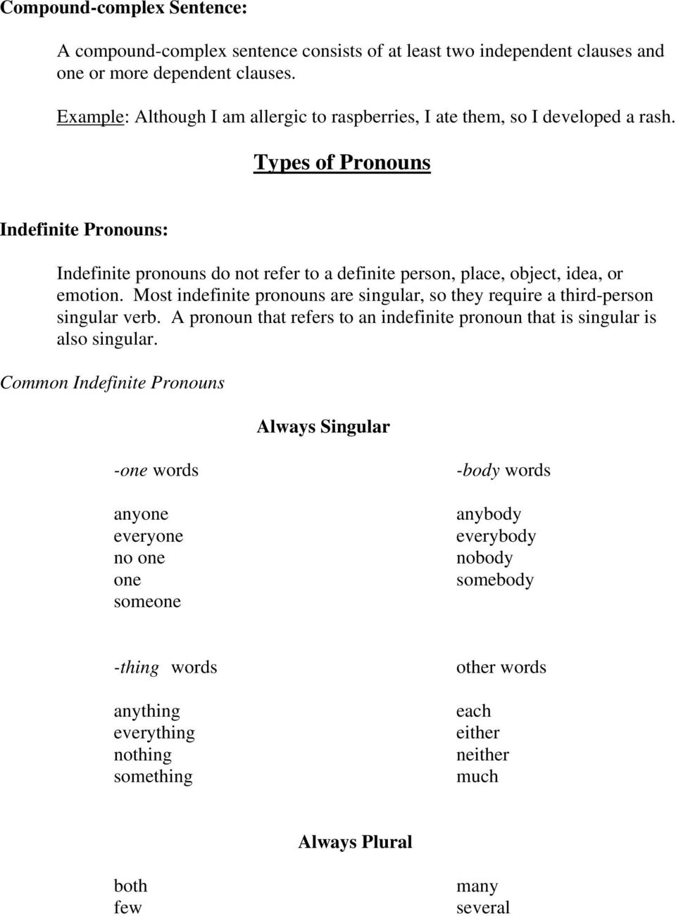 Types of Pronouns Indefinite Pronouns: Indefinite pronouns do not refer to a definite person, place, object, idea, or emotion.
