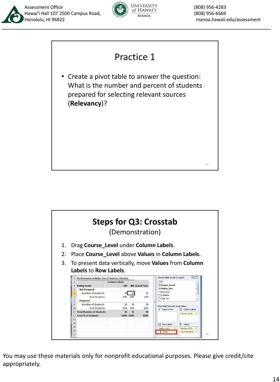 27 Steps for Q3: Crosstab (Demonstration) 1. Drag Course_Level under Column Labels. 2.