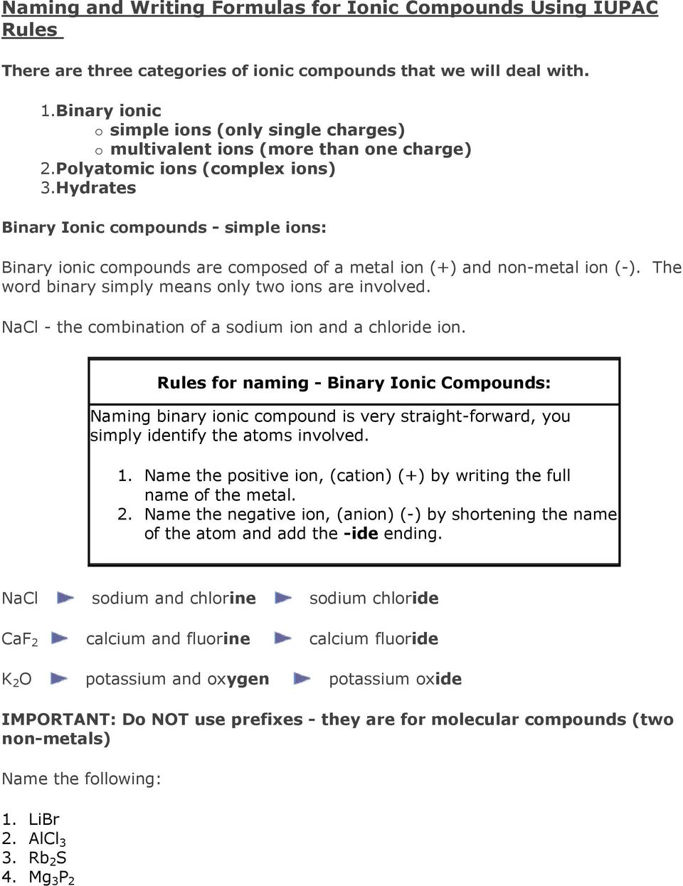 Naming and Writing Formulas for Ionic Compounds Using IUPAC Rules With Simple Binary Ionic Compounds Worksheet