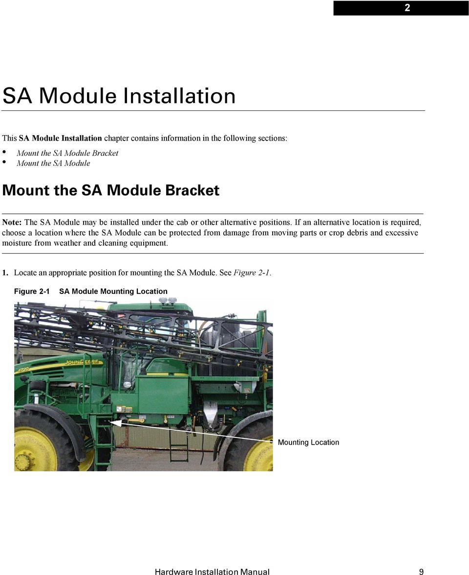If an alternative location is required, choose a location where the SA Module can be protected from damage from moving parts or crop debris and excessive