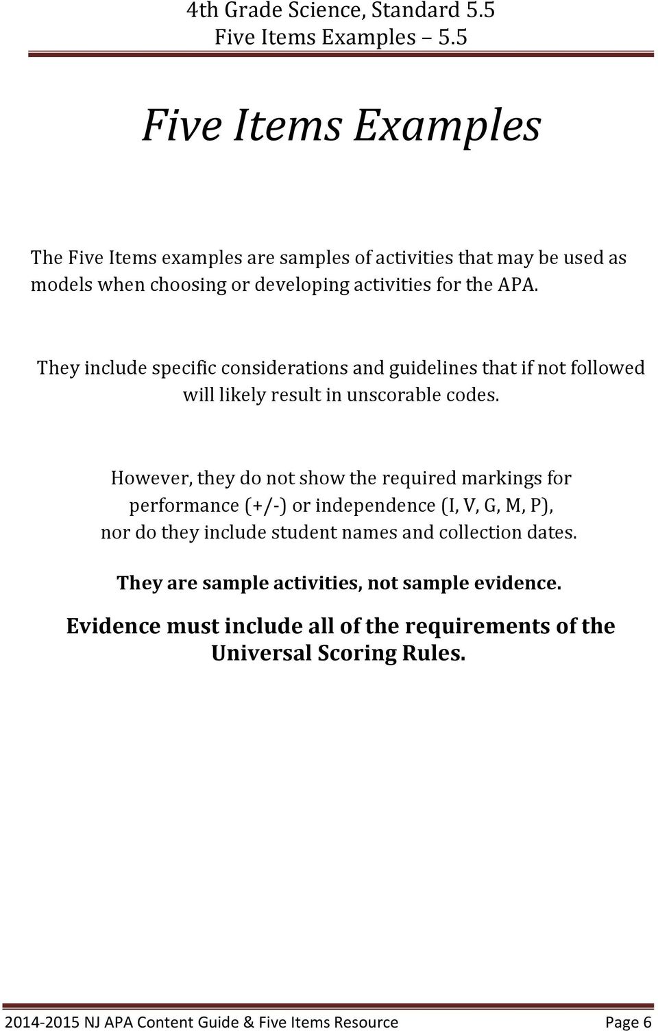 However, they do not show the required markings for performance (+/-) or independence (I, V, G, M, P), nor do they include student names and collection
