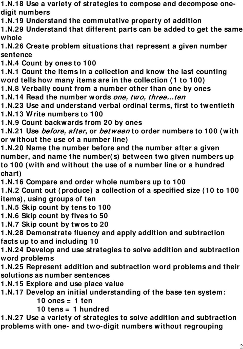 N.8 Verbally count from a number other than one by ones 1.N.14 Read the number words one, two, three ten 1.N.23 Use and understand verbal ordinal terms, first to twentieth 1.N.13 Write numbers to 100 1.