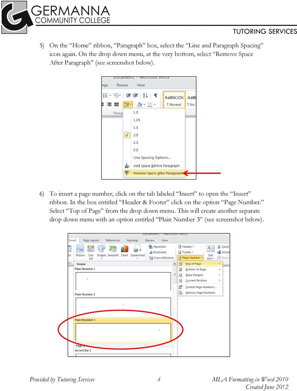 6) To insert a page number, click on the tab labeled Insert to open the Insert ribbon.