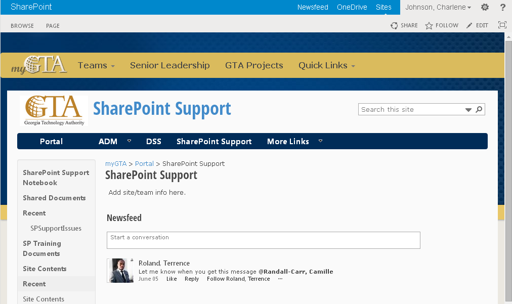 Content tabs Figure 5 Site Page when selecting SharePoint Support Apply Your Knowledge: Exercises Complete Exercise 3: Navigation in your SharePoint Basic Concepts: Exercises manual. 4.