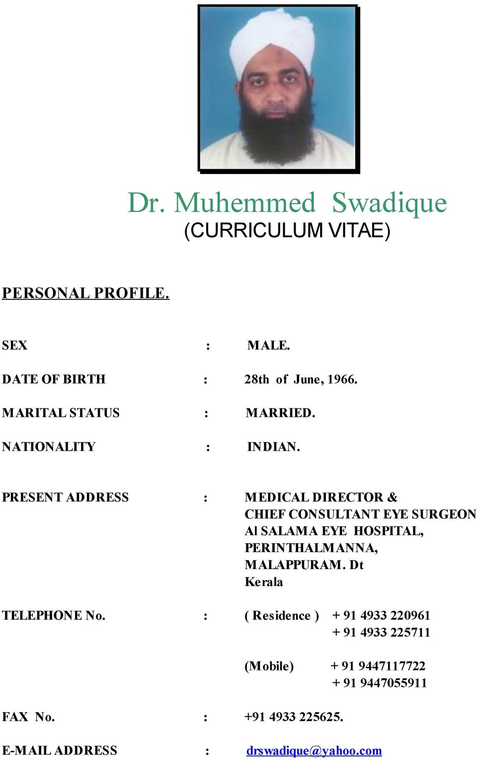 Dr Muhemmed Swadique Curriculum Vitae Pdf