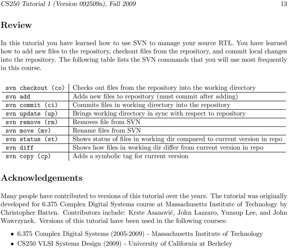 The following table lists the SVN commands that you will use most frequently in this course.