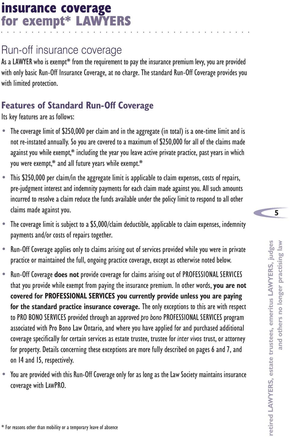 Features of Standard Run-Off Coverage Its key features are as follows: The coverage limit of $250,000 per claim and in the aggregate (in total) is a one-time limit and is not re-instated annually.