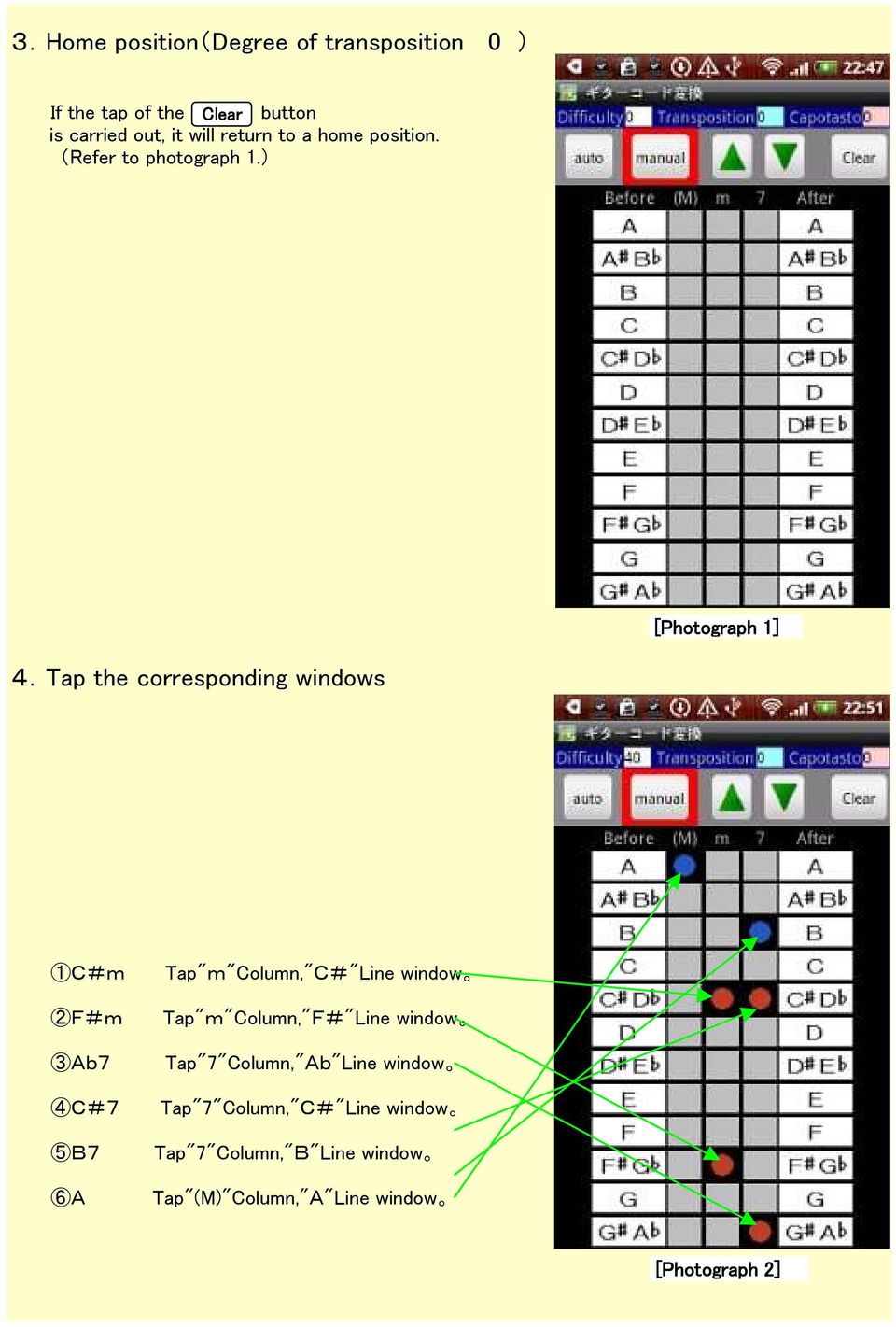 Tap the corresponding windows 1C#m 2F#m 3Ab7 4C#7 5B7 6A Tap"m"Column,"C#"Line window