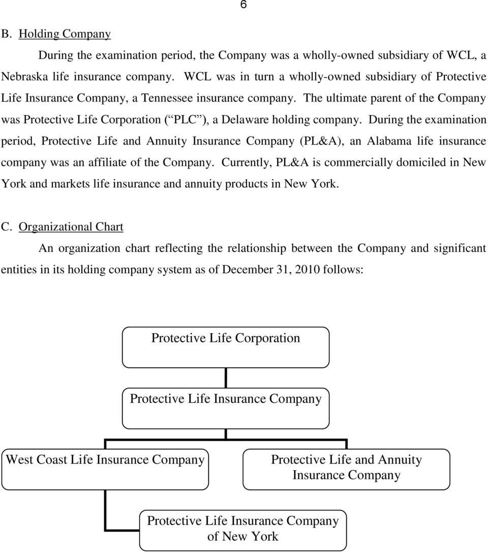 The ultimate parent of the Company was Protective Life Corporation ( PLC ), a Delaware holding company.