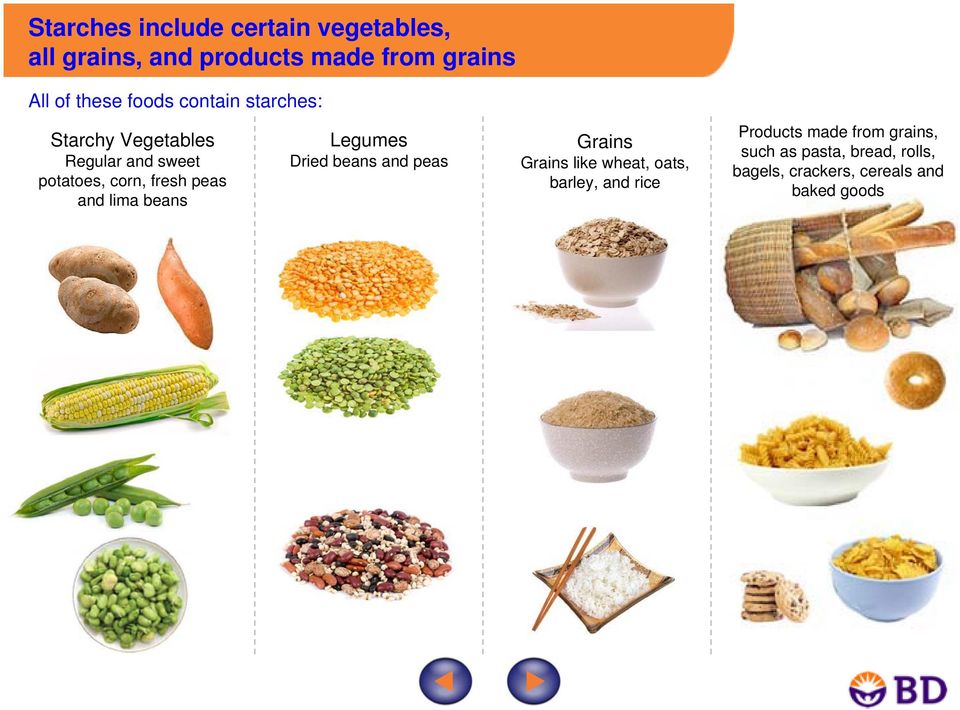 lima beans Legumes Dried beans and peas Grains Grains like wheat, oats, barley, and rice