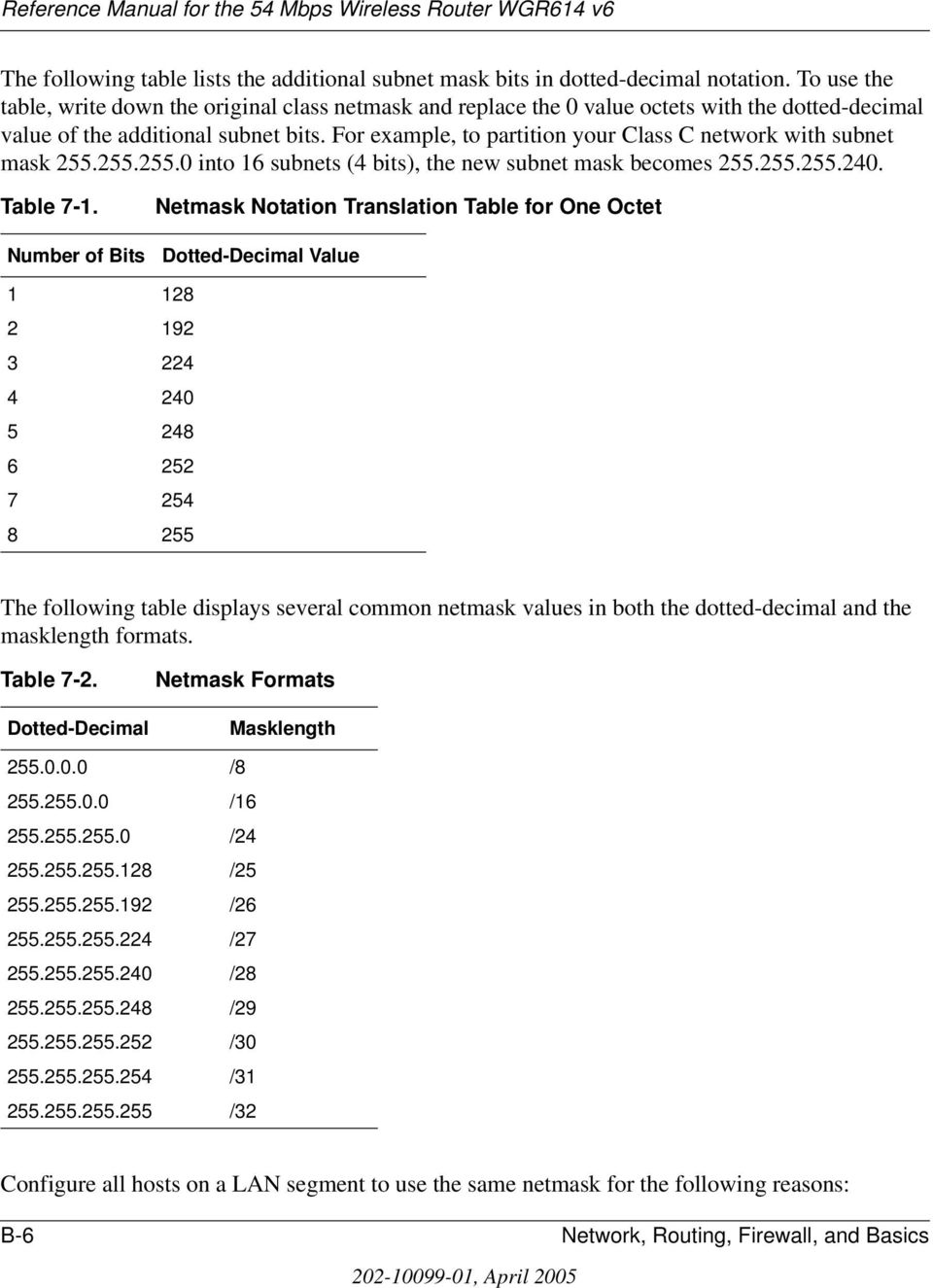 For example, to partition your Class C network with subnet mask 255.255.255.0 into 16 subnets (4 bits), the new subnet mask becomes 255.255.255.240. Table 7-1.