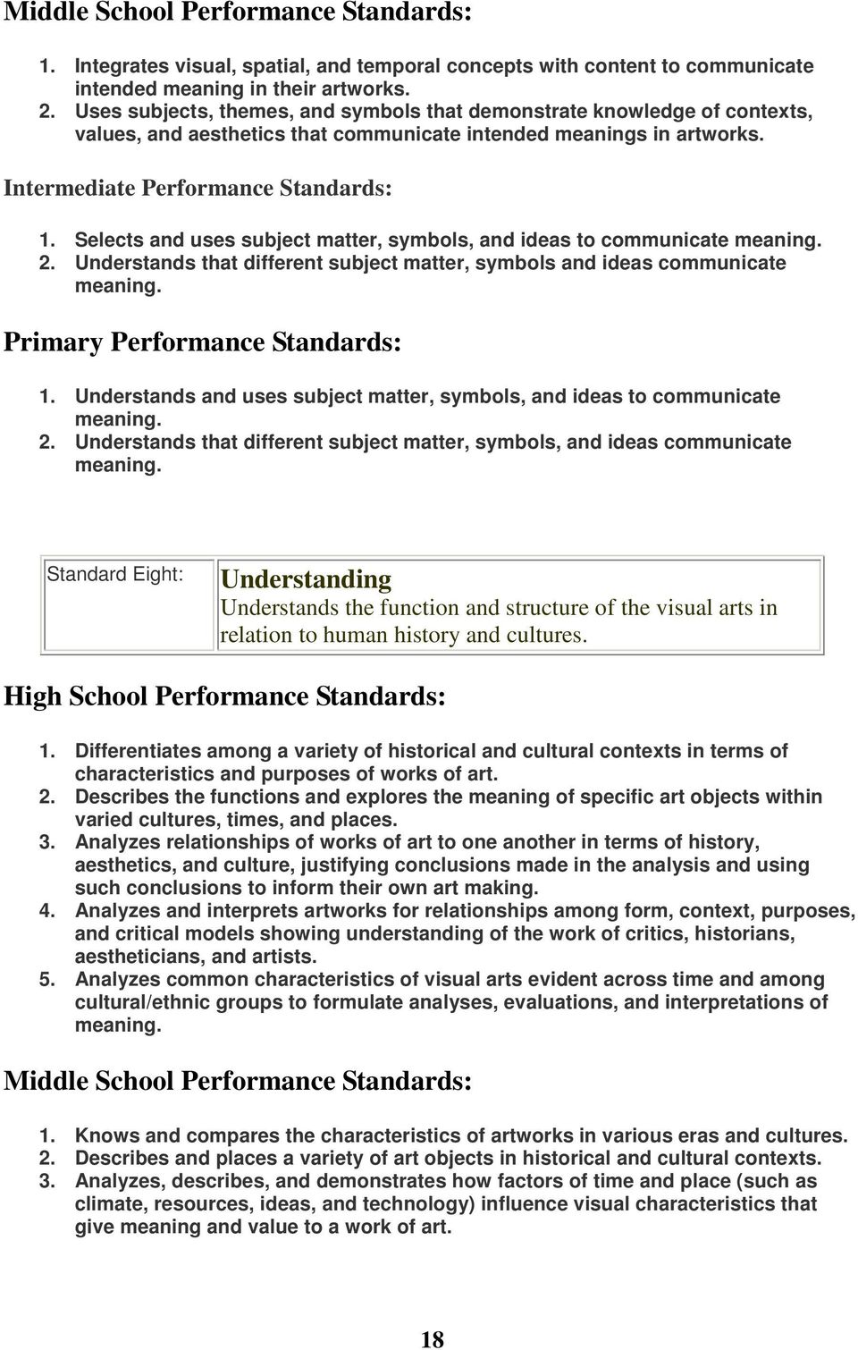 Selects and uses subject matter, symbols, and ideas to communicate meaning. 2. Understands that different subject matter, symbols and ideas communicate meaning. Primary Performance Standards: 1.