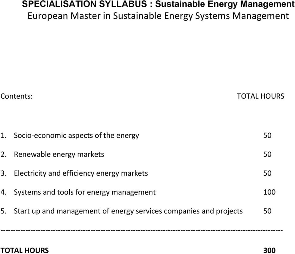 Electricity and efficiency energy markets 50 4. Systems and tools for energy management 100 5.