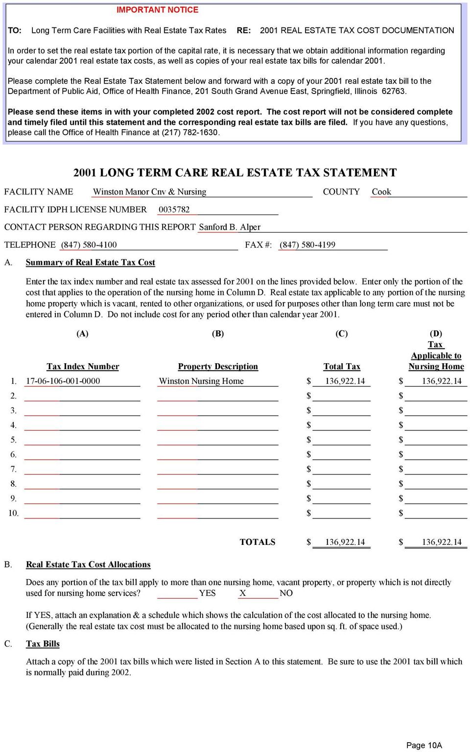 Please complete the Real Estate Tax Statement below and forward with a copy of your 2001 real estate tax bill to the Department of Public Aid, Office of Health Finance, 201 South Grand Avenue East,