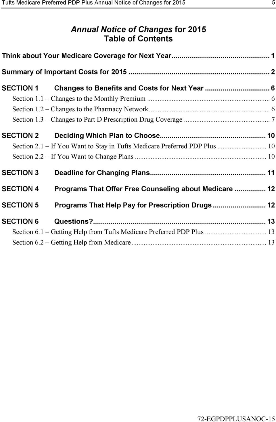 .. 6 Section 1.3 Changes to Part D Prescription Drug Coverage... 7 SECTION 2 Deciding Which Plan to Choose... 10 Section 2.1 If You Want to Stay in Tufts Medicare Preferred PDP Plus... 10 Section 2.2 If You Want to Change Plans.