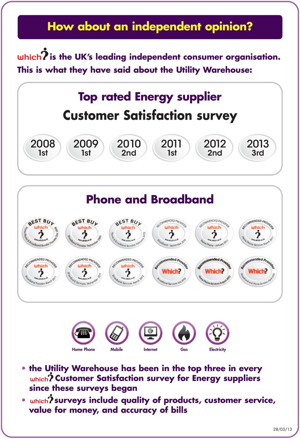 2011 1st 2012 2nd 2013 3rd Phone and Broadband Home Phone Mobile Internet Gas Electricity the Utility Warehouse has been in the top three