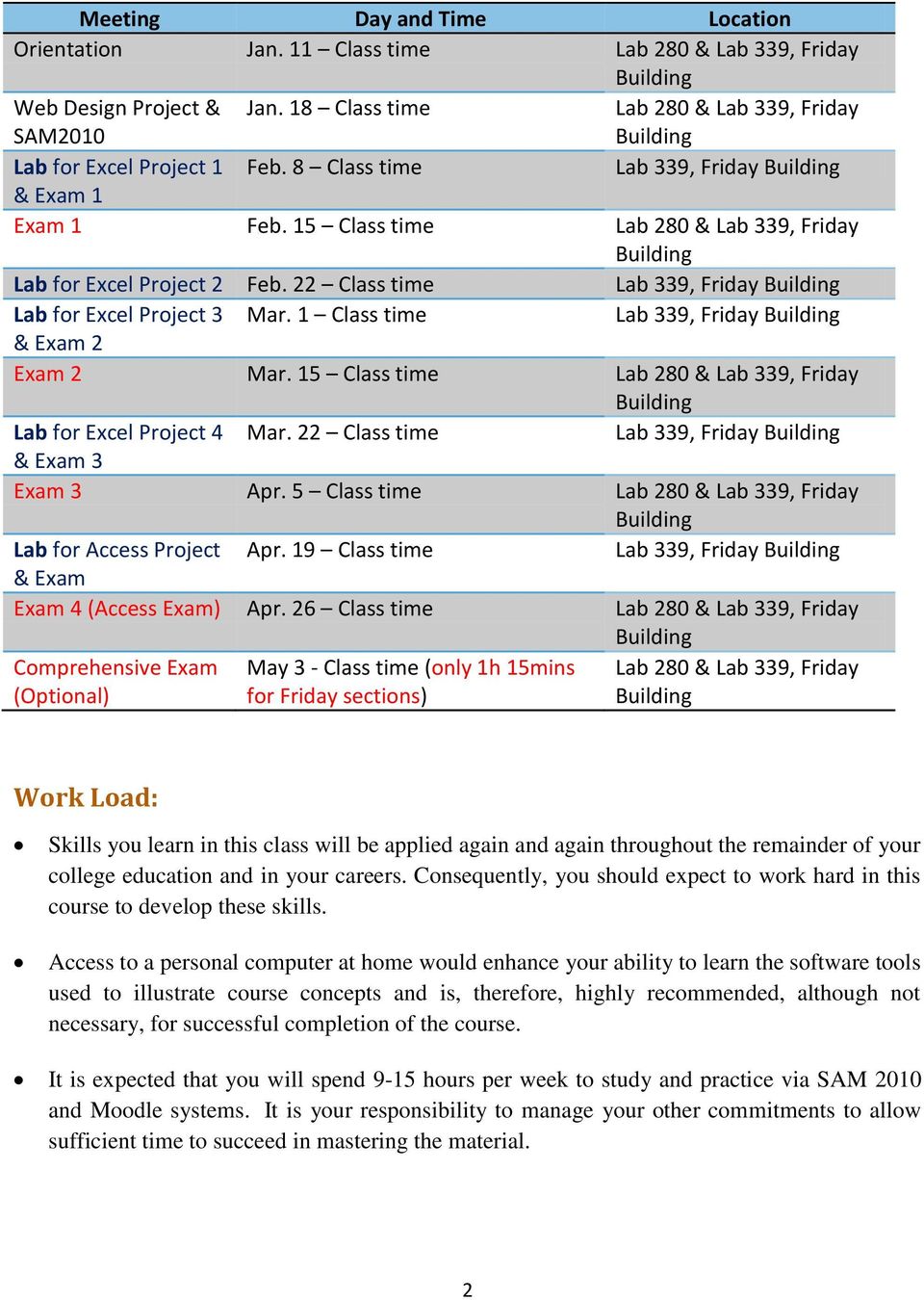 1 Class time Lab 339, Friday & Exam 2 Exam 2 Mar. 15 Class time Lab 280 & Lab 339, Friday Lab for Excel Project 4 Mar. 22 Class time Lab 339, Friday & Exam 3 Exam 3 Apr.