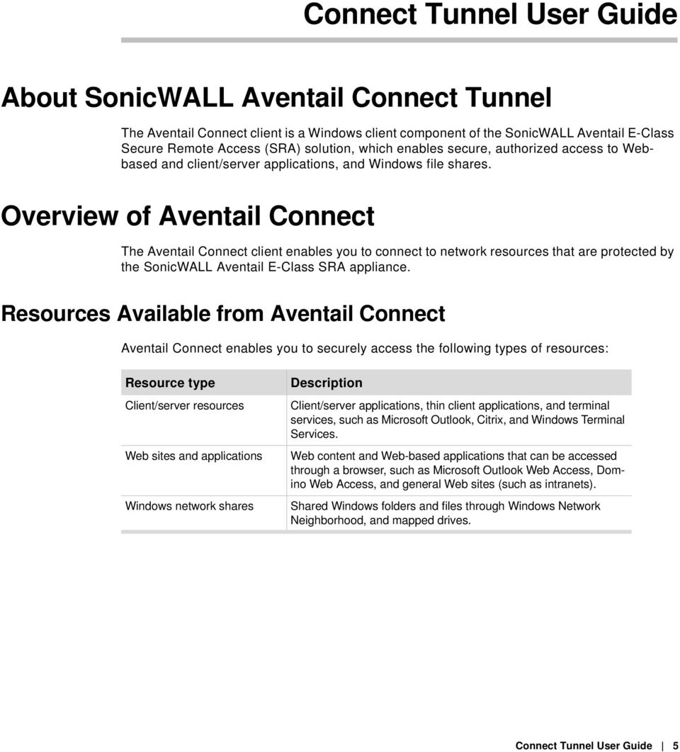 Overview of Aventail Connect The Aventail Connect client enables you to connect to network resources that are protected by the SonicWALL Aventail E-Class SRA appliance.