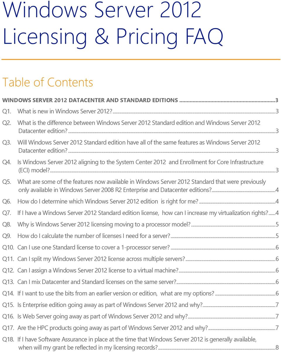 Will Windows Server 2012 Standard edition have all of the same features as Windows Server 2012 Datacenter edition?... 3 Q4.