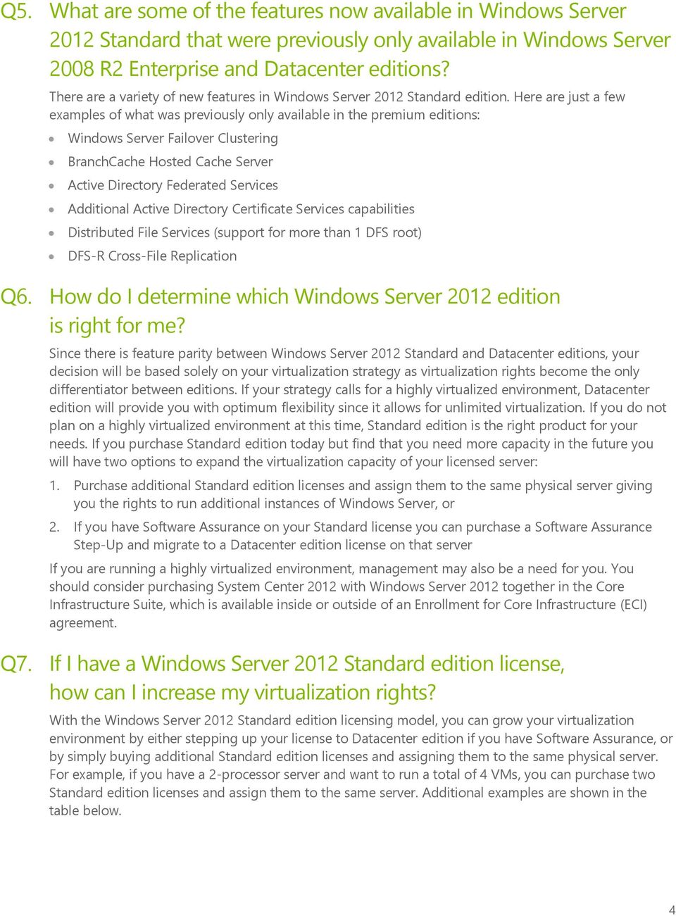 Here are just a few examples of what was previously only available in the premium editions: Windows Server Failover Clustering BranchCache Hosted Cache Server Active Directory Federated Services