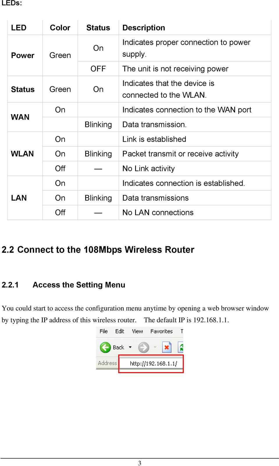 On Link is established WLAN On Blinking Packet transmit or receive activity Off No Link activity On Indicates connection is established.