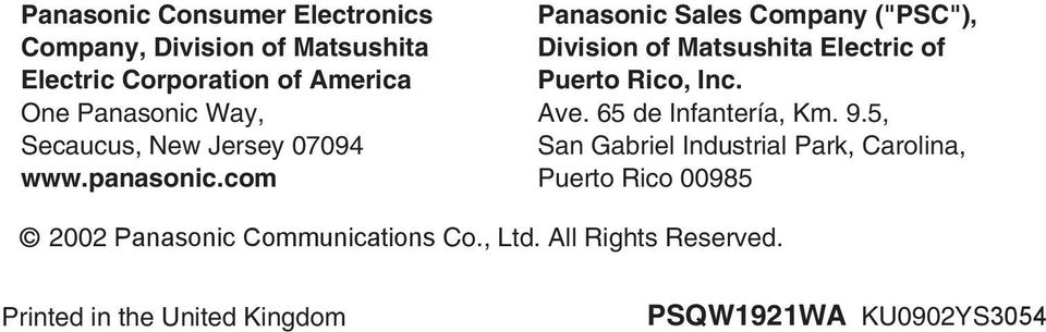 com Panasonic Sales Company ("PSC"), Division of Matsushita Electric of Puerto Rico, Inc. Ave.