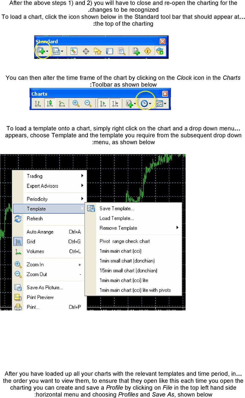 on the Clock icon in the Charts :Toolbar as shown below To load a template onto a chart, simply right click on the chart and a drop down menu appears, choose Template and the template you require