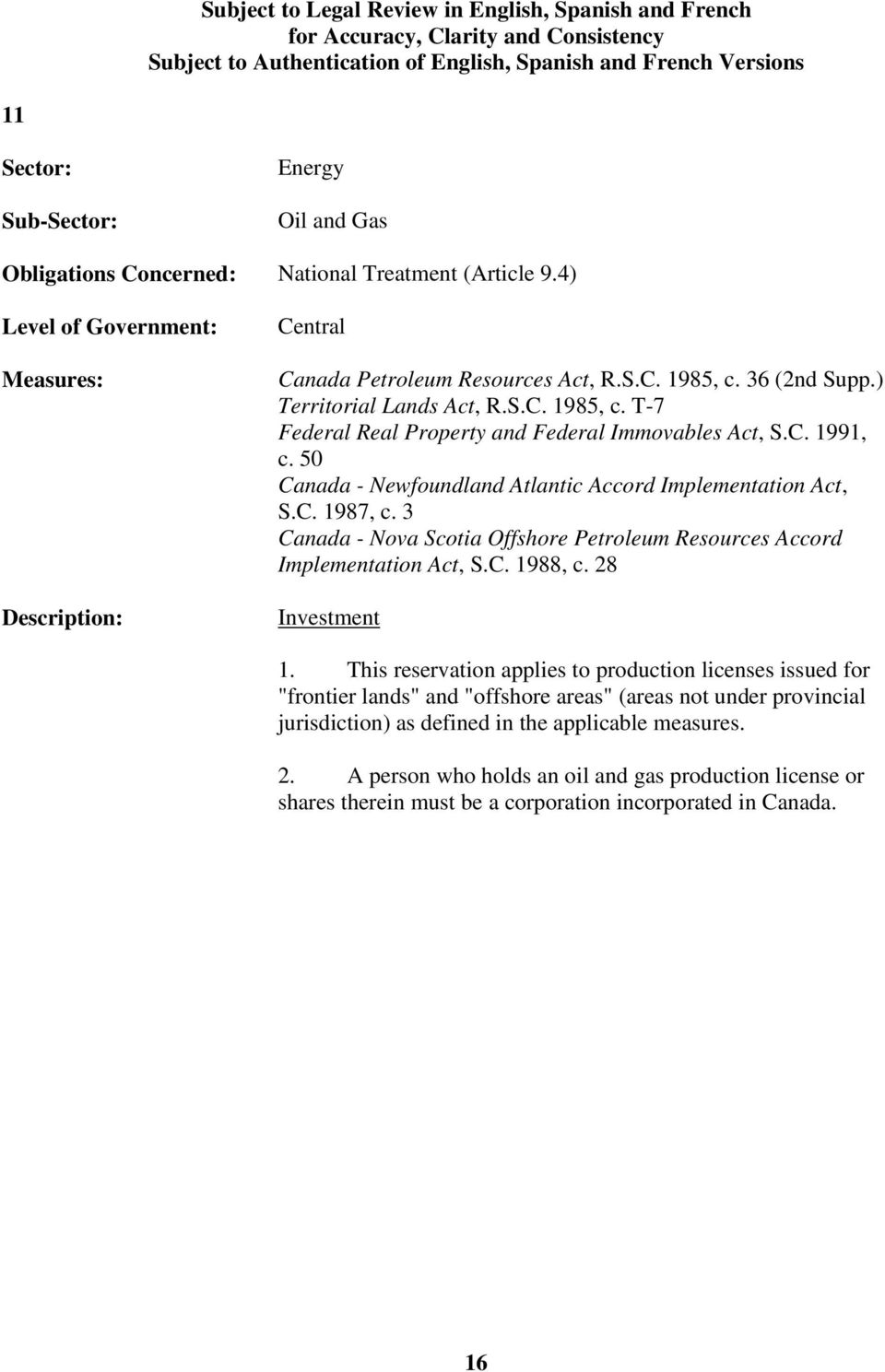 3 Canada - Nova Scotia Offshore Petroleum Resources Accord Implementation Act, S.C. 1988, c. 28 Investment 1.