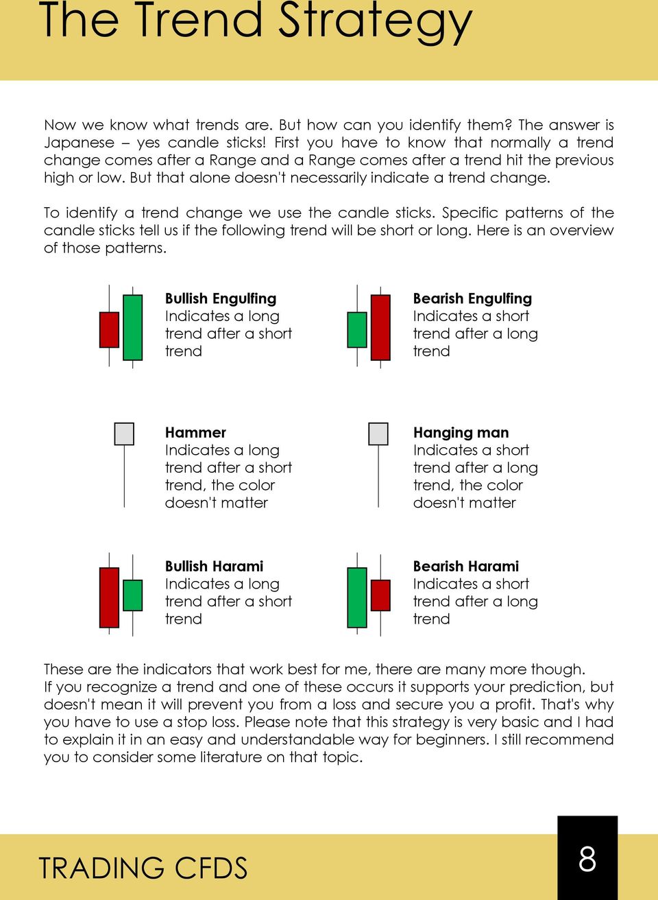 To identify a trend change we use the candle sticks. Specific patterns of the candle sticks tell us if the following trend will be short or long. Here is an overview of those patterns.