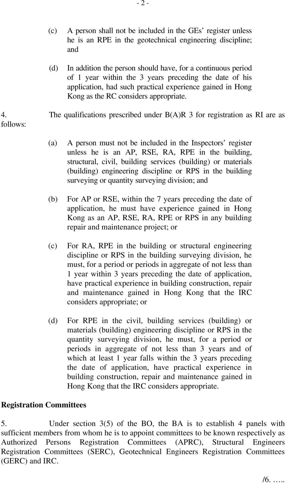 The qualifications prescribed under B(A)R 3 for registration as RI are as follows: A person must not be included in the Inspectors register unless he is an AP, RSE, RA, RPE in the building,