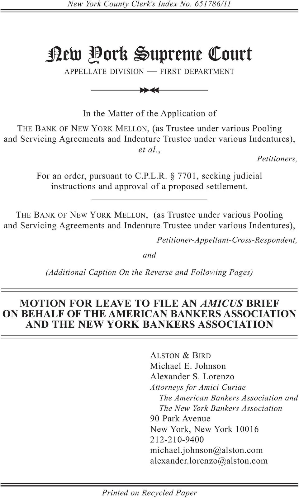 Indenture Trustee under various Indentures), et al., Petitioners, For an order, pursuant to C.P.L.R. 7701, seeking judicial instructions and approval of a proposed settlement.