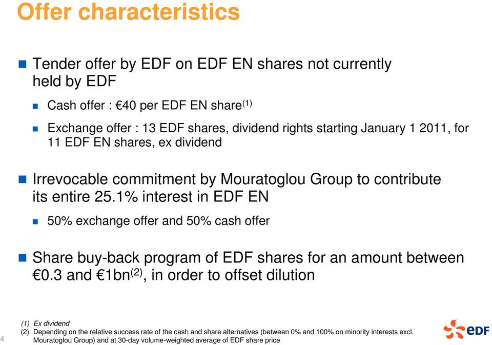 1% interest in EDF EN 50% exchange offer and 50% cash offer Share buy-back back program of EDF shares for an amount between 0.