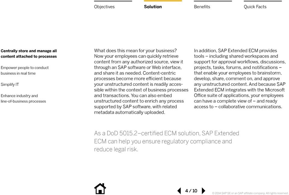 You can also embed unstructured content to enrich any process supported by SAP software, with related metadata automatically uploaded.
