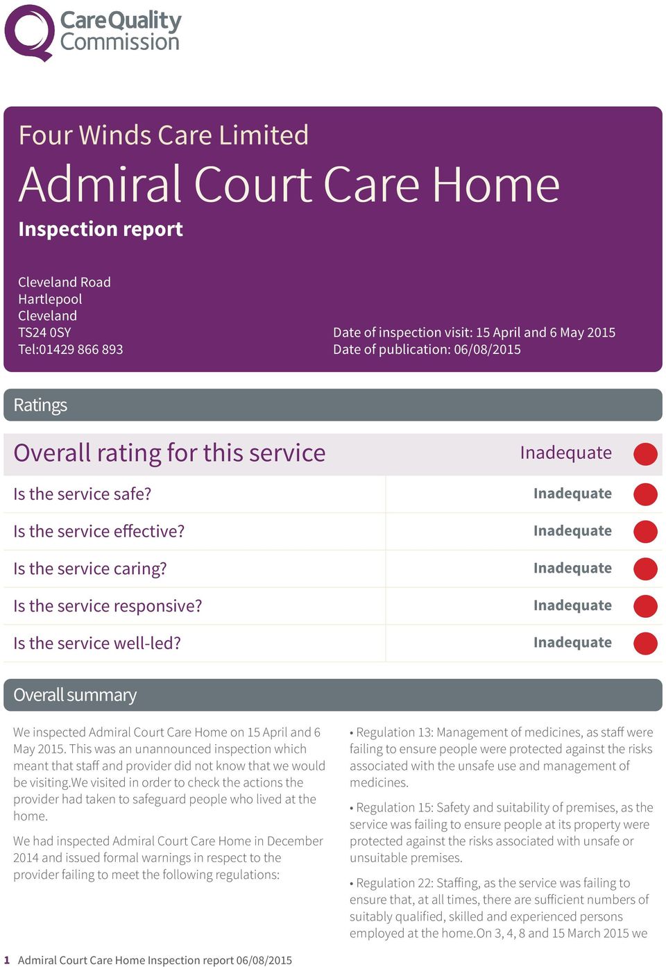 Inadequate Is the service well-led? Inadequate Overall summary We inspected Admiral Court Care Home on 15 April and 6 May 2015.