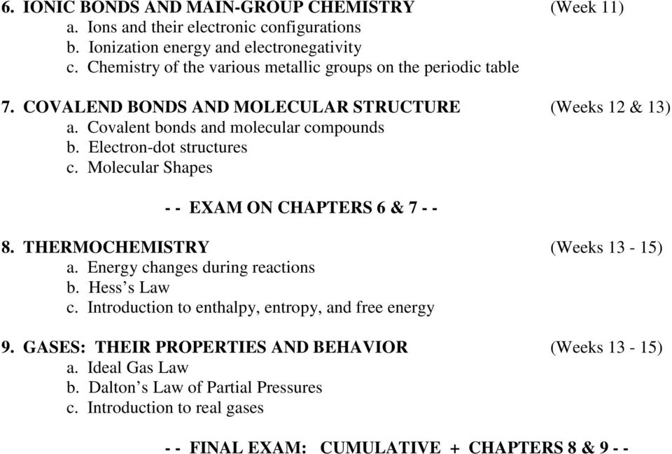 Electron-dot structures c. Molecular Shapes - - EXAM ON CHAPTERS 6 & 7 - - 8. THERMOCHEMISTRY (Weeks 13-15) a. Energy changes during reactions b. Hess s Law c.