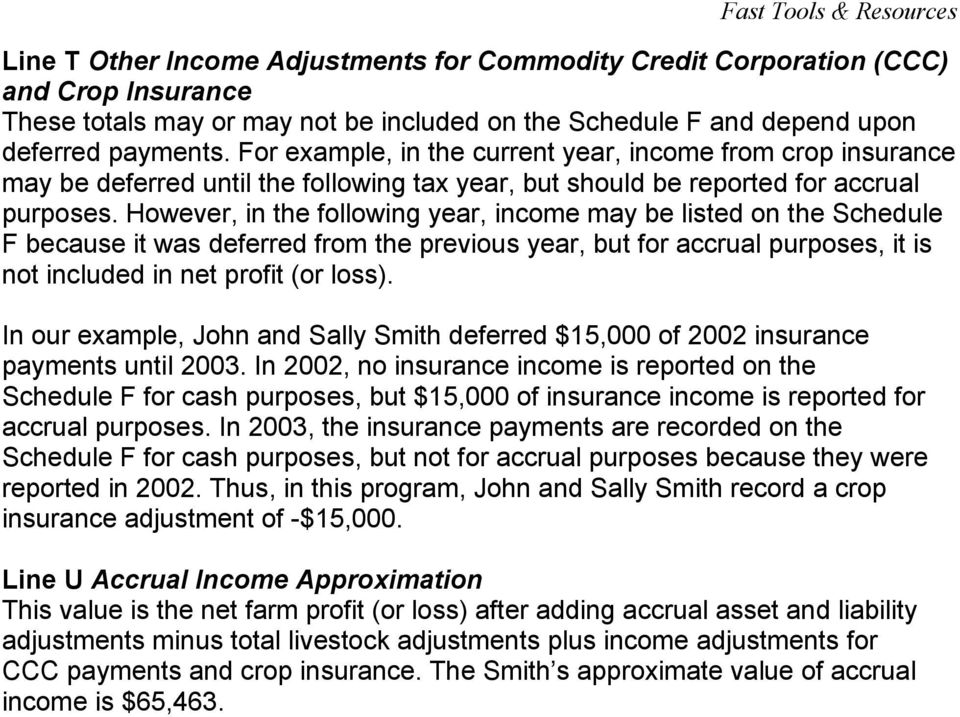 However, in the following year, income may be listed on the Schedule F because it was deferred from the previous year, but for accrual purposes, it is not included in net profit (or loss).