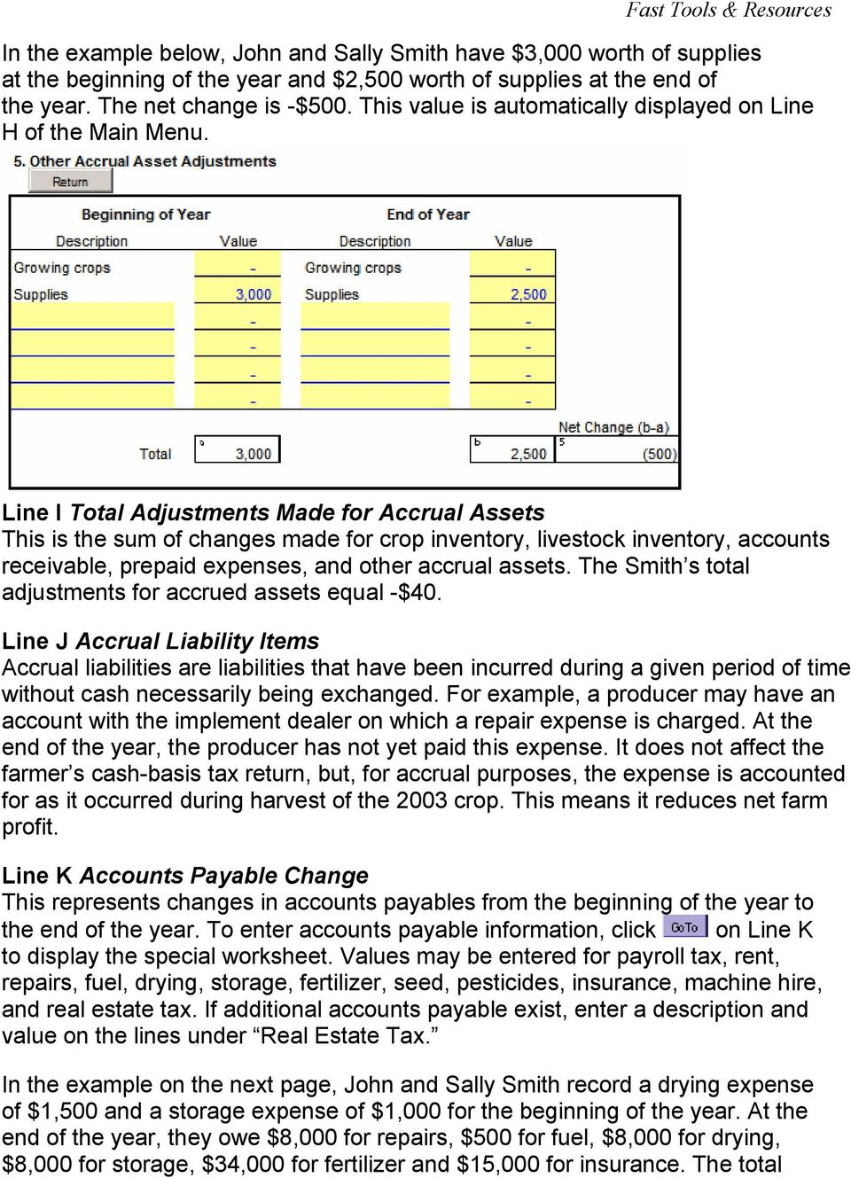 Line I Total Adjustments Made for Accrual Assets This is the sum of changes made for crop inventory, livestock inventory, accounts receivable, prepaid expenses, and other accrual assets.