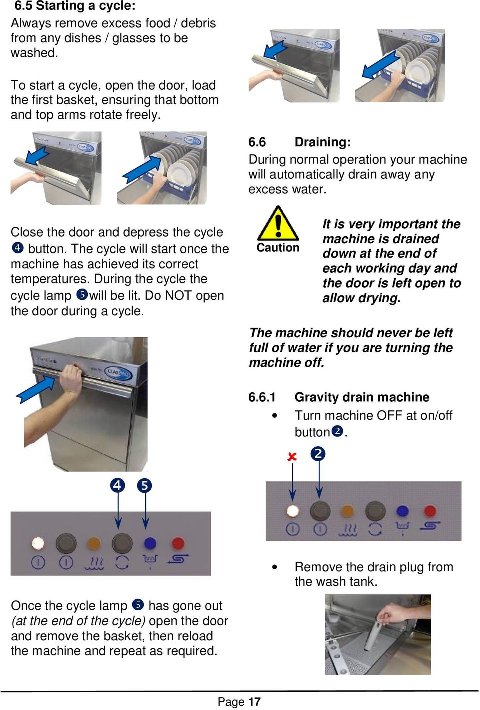 6 Draining: During normal operation your machine will automatically drain away any excess water. Close the door and depress the cycle ❹ button.