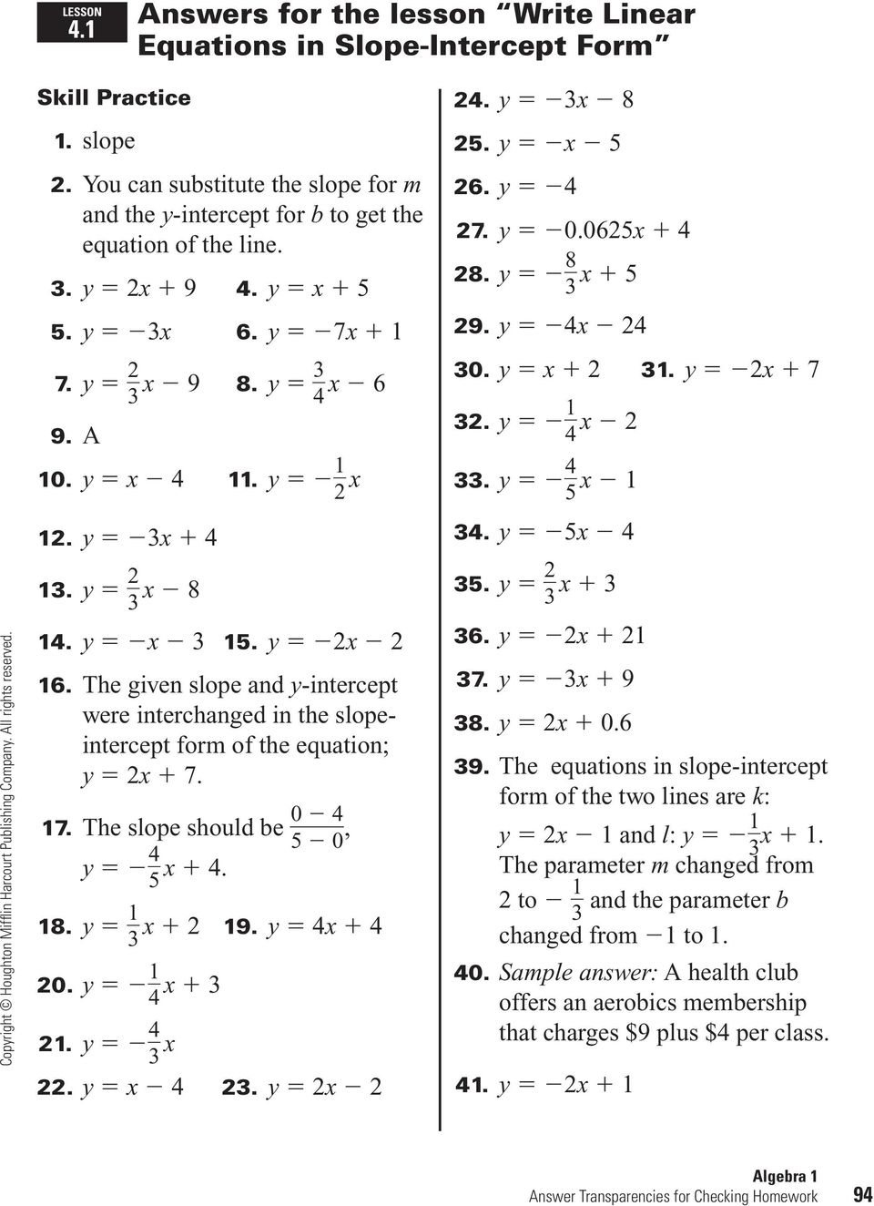 Answers for the lesson Write Linear Equations in Slope-Intercept For Writing Linear Equations Worksheet Answer