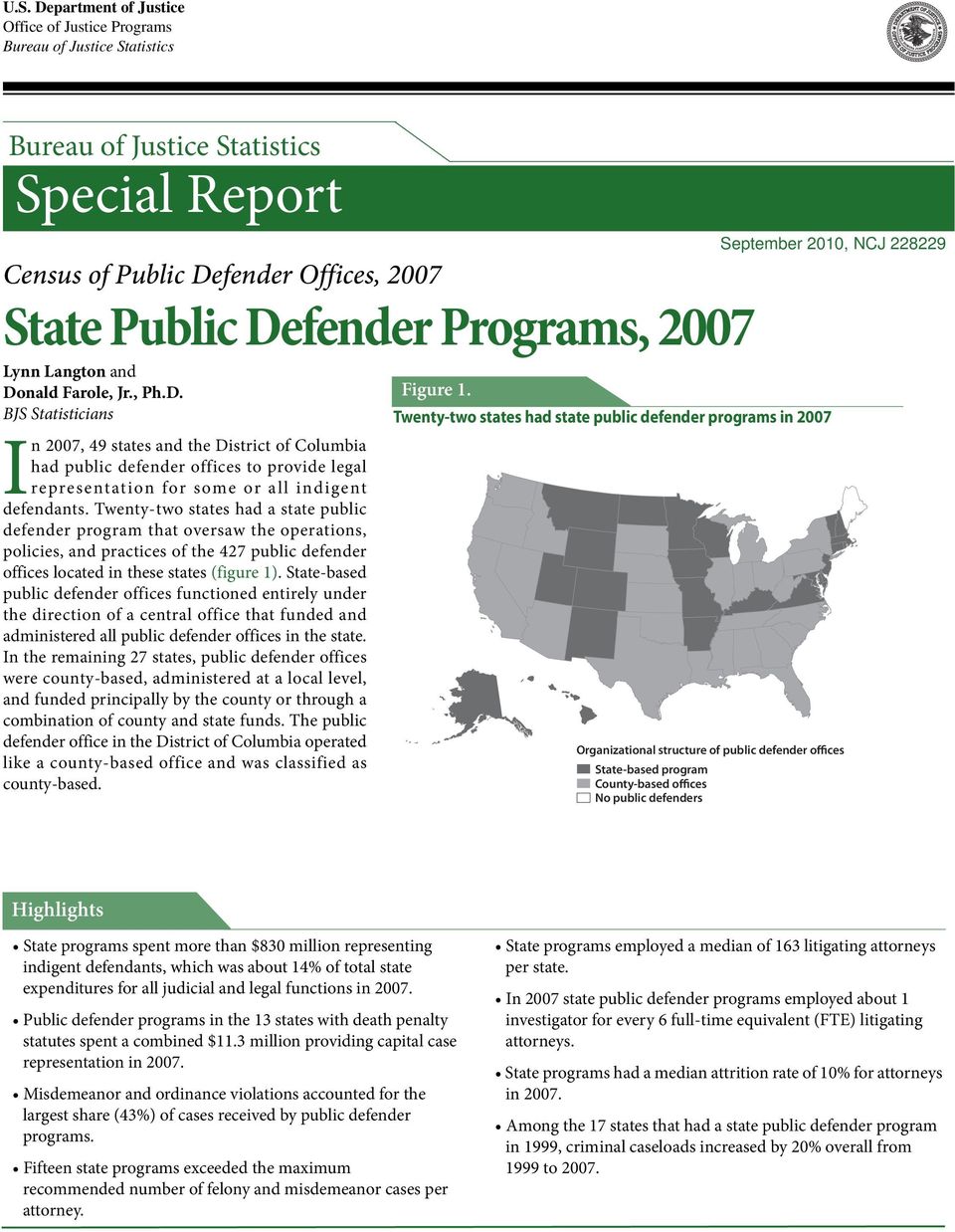 Twenty-two states had a state public defender program that oversaw the operations, policies, and practices of the 427 public defender offices located in these states (figure 1).