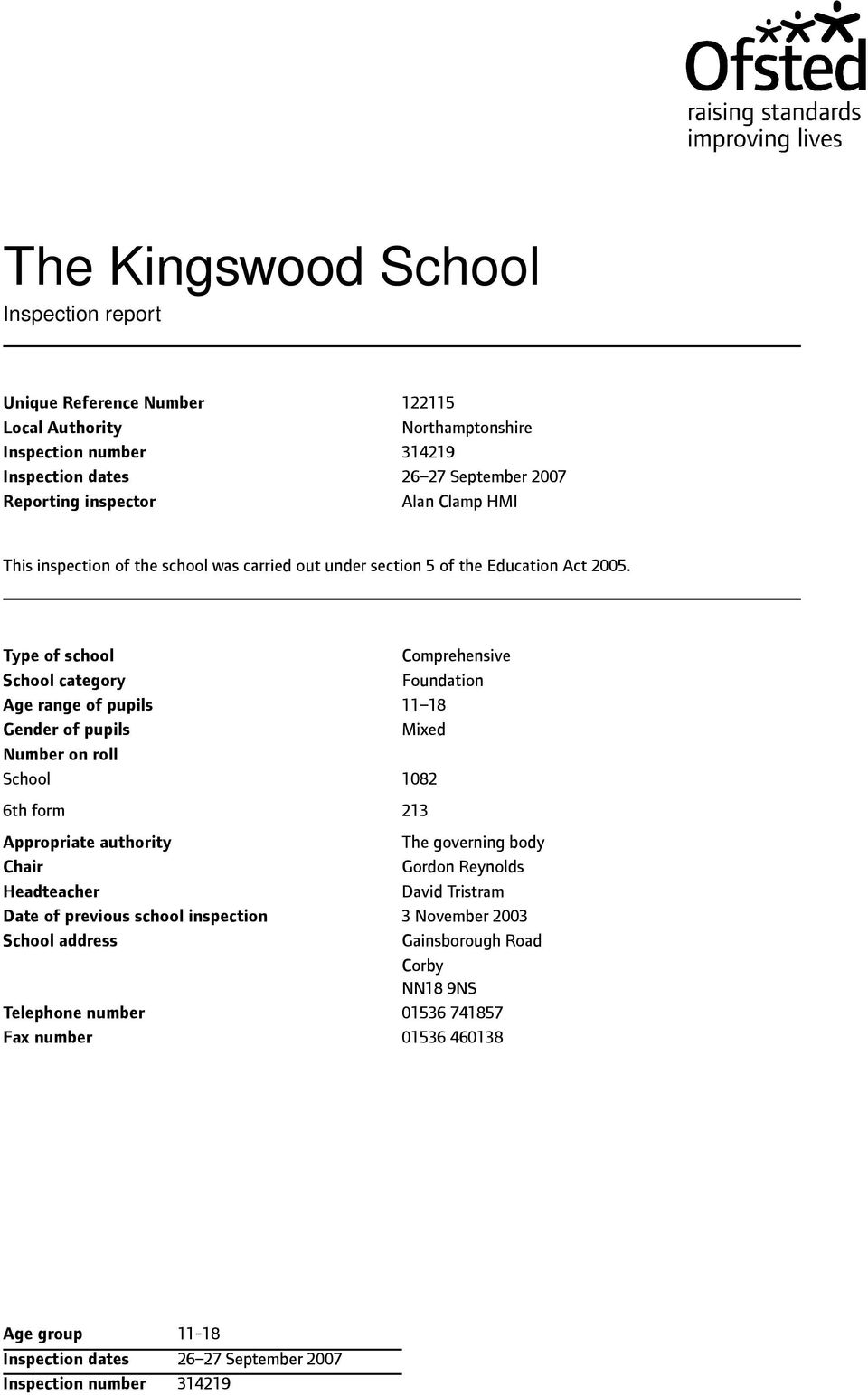 Type of school School category Age range of pupils Gender of pupils Number on roll School 6th form Appropriate authority Chair Headteacher Date of previous school inspection School