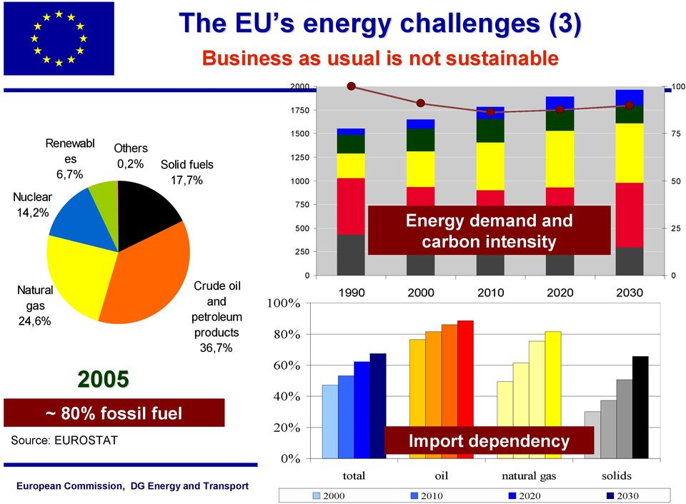 Natural gas 24,6% 2005 ~ 80% fossil fuel Source: EUROSTAT Crude oil and petroleum products 36,7% 100% 80%